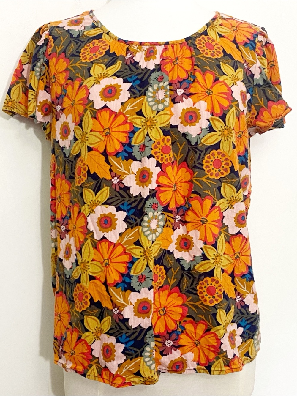 St. John’s Bay Rich Floral Cotton Blend Gathered Neck Short-Puffed Sleeve Top M